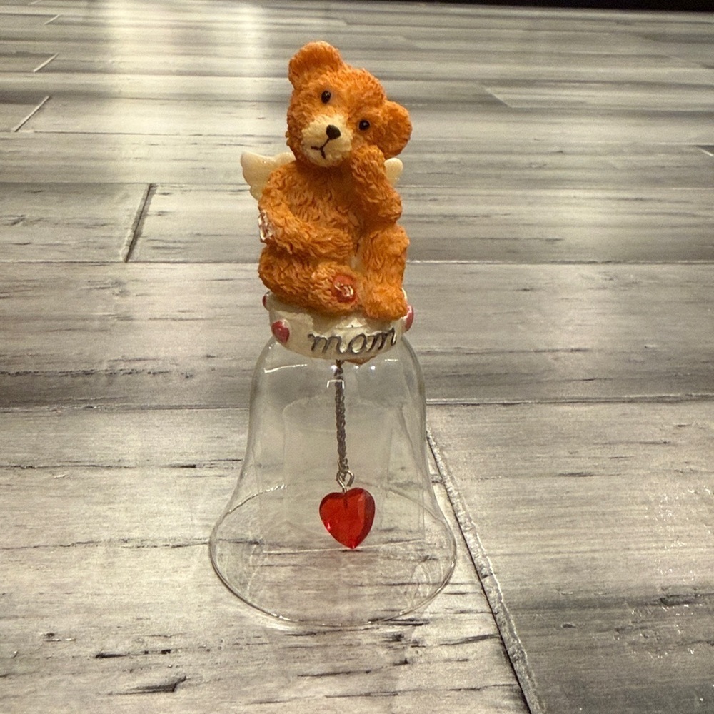 VINTAGE Teddy Bear Glass Bell with Red Heart